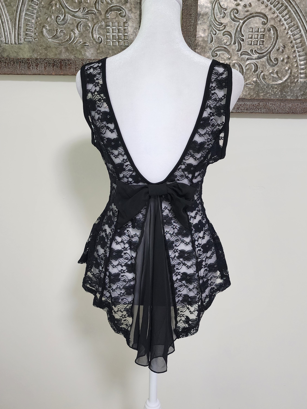 Sheer Lace Black Whimsigoth Bow-Back Babydoll Top Medium Romantic Fairycore Y2K